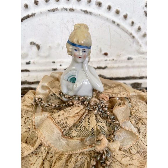 Antique German Pincushion Half Doll with fan silk lace skirt - Picture 6 of 15